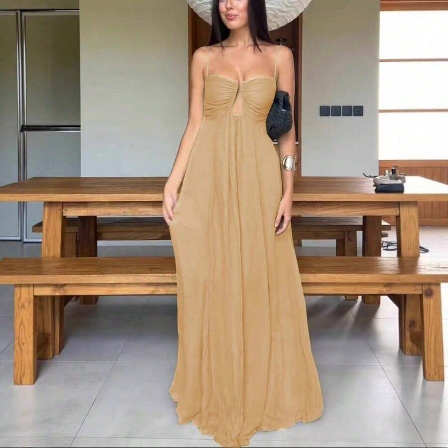 Vestido largo amplio de verano nuevo para mujer, tirantes sensuales con diseño en U, estilo vacacional - Caqui - Ver 1
