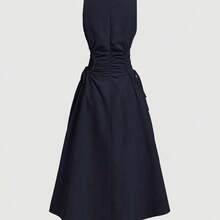 guang zhou mi qian shang mao  MOD Vestido largo plisado de un solo color con detalle de cruce lateral, apropiado para citas, brunch, cumpleaños, regreso a la escuela, trabajo, verano, y fiestas del té para mujeres - Azul marino - Ver 3