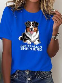 Retrato de un pastor australiano impreso en una camiseta suave para mujer. - Azul - Ver 7