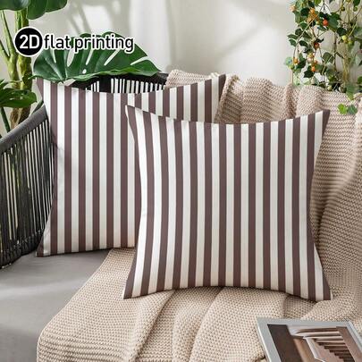 2pcs Brown Elegant Striped Print Pillow Covers, Zipper Closure, Machine Washable, Reusable Home Decorative Throw Pillow Covers For Sofa, Living Room, Bedroom, Without Pillow Insert