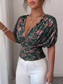 Blusa sexy con mangas de murciélago plisadas y ajustadas - Verde Oscuro - Ver 3