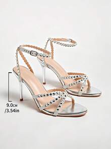 2025新款黑色鉚釘裝飾高跟涼鞋，優雅百搭細跟穆勒鞋女款，夏季鞋 - 銀色 - 查看 6