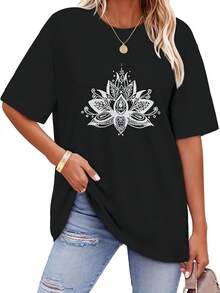 ADOREJOY Camisetas de ajuste holgado para mujer, cuello redondo, manga corta, básicas, gráficas, de verano - negro, blanco (Black White Flower) - Ver 12