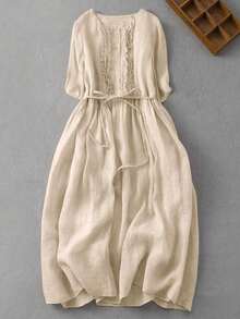 Vestido de manga media con cuello redondo, doble volante, plisado y patchwork, de estilo vintage para primavera y verano. Vestidos elegantes y casuales para mujeres. - Beis - Ver 2