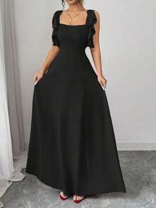 Vestido elegante minimalista de alta gama para mujer, adecuado para uso diario, fiestas, banquetes y meriendas, con diseño de dobladillo con volantes y vestido de línea A con cintura roja - Negro - Ver 5