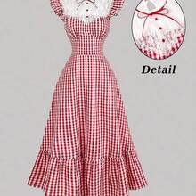 YijiaNvz  MOD Vestido de manga corta con cuello de encaje y estampado de cuadros para mujer - rojo y blanco - Ver 4