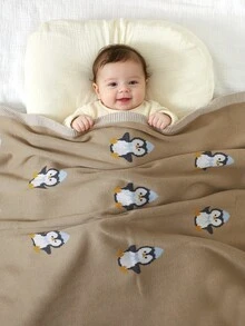 100% Cotton Baby Blanket, Cute Penguin Knitted Infant Stroller Blanket, Newborn Baby Air Conditioning Cover Quilt - Khaki - View 1