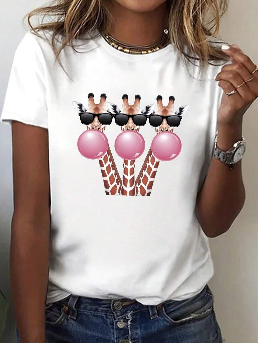 Talla grande - talla extra grande - camiseta de mujer, hecha de algodón puro, tela ligera y transpirable, diseño de cuello redondo, diseño estampado, corte de manga corta, adecuada para primavera y verano. - Blanco - Ver 1