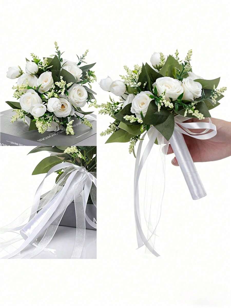 1 bó hoa cưới bằng hoa hồng lụa dành cho phù dâu, hoa cầm tay cô dâu dùng làm phụ kiện trang trí đám cưới, ngày Valentine. - trắng - Xem 1
