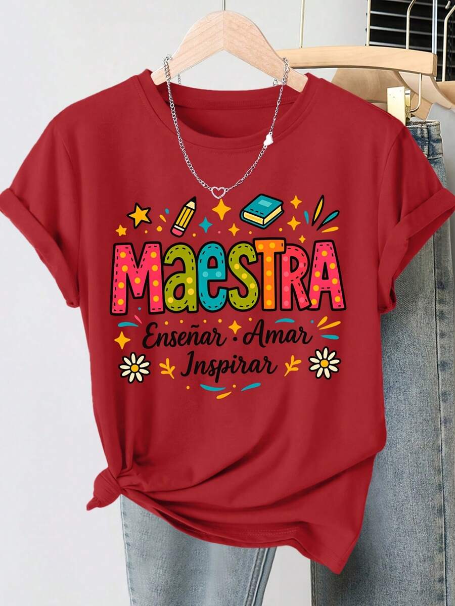 Camiseta de manga corta con cuello redondo vintage, estampado de patrón con texto inspirador y papelería colorida para maestros, estilo fresco y divertido, top de ajuste holgado, moda casual elegante primavera/verano 2026, ropa de mujer versátil para el día a día, disponible en tallas S-XXL - [Rojo] - Ver 1