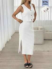 Conjunto de 2 piezas de chaleco de un solo pecho de unicolor y minifalda casual, conjunto de negocios casuales, coordinados para mujer, conjunto de verano, atuendo de oficina para mujer - Blanco - Ver 3