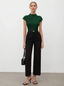 Camiseta de mujer de unicolor con cuello alto y mangas cortas tipo murciélago, casual de negocios para mujeres, uniforme de maestro, ropa de oficina, escuela, top básico, estilo vintage - Verde - Ver 5