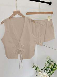 Conjunto casual de 2 piezas de top corto sin mangas con cordones delanteros y shorts para mujer en beige - Albaricoque 3 - Ver 7