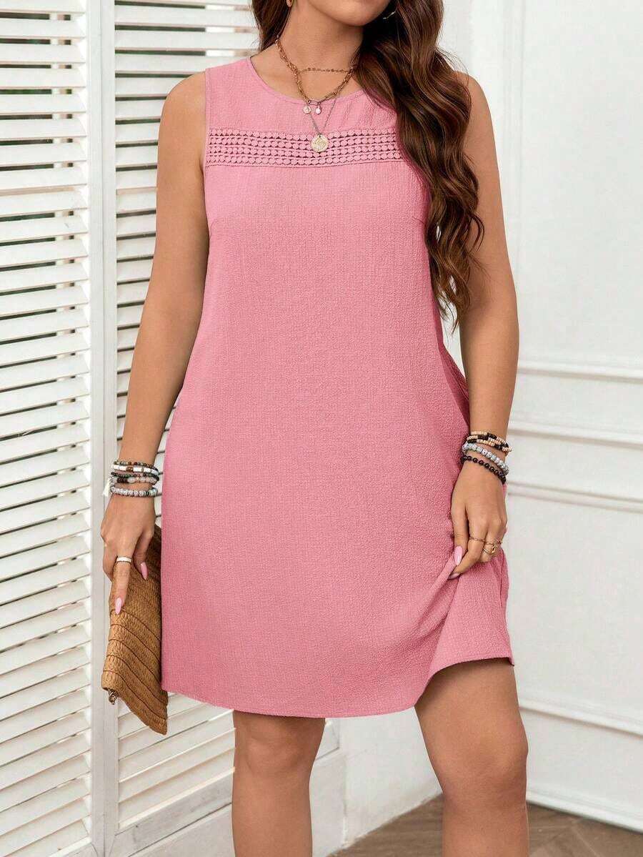 Vestido corto sencillo sin mangas de cuello redondo de unicolor para mujer talla grande - Rosa - Ver 1