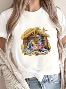 Talla grande - talla extra grande - camiseta de mujer, hecha de algodón puro, tela ligera y transpirable, diseño de cuello redondo, diseño estampado, corte de manga corta, adecuada para primavera y verano. - Blanco - Ver 6