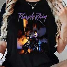 Camiseta de manga corta con estampado gráfico Purple Rain, cuello redondo, informal, para fiestas, para mujer. Camiseta de algodón. - Negro 2 - Ver 1