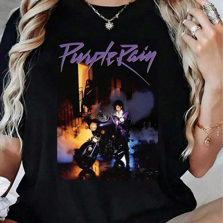 Camiseta de manga corta con estampado gráfico Purple Rain, cuello redondo, informal, para fiestas, para mujer. Camiseta de algodón. - Negro 2 - Ver 1
