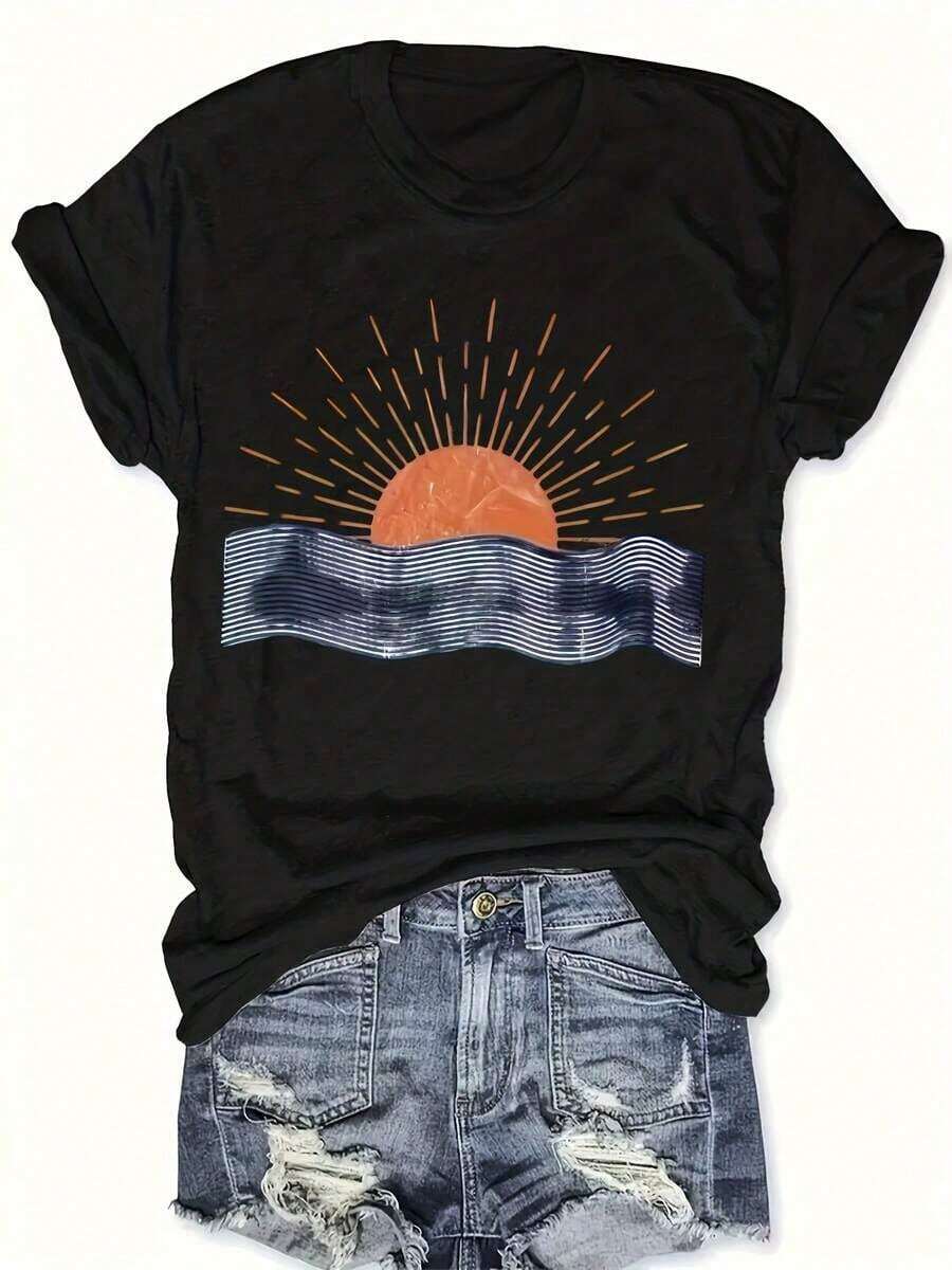 Women's Casual T-Shirt With Sunset And Ocean Graphic Print, Breathable And Comfortable, Short Sleeve, Round Neck, Minimalist Sun And Wave Design, Soft Cotton, Perfect For Everyday Wear And Coastal Urban Style - 黑色 - 查看 1