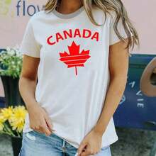 Women's Casual Cotton T-Shirt With Canadian Flag And Heart Print, Short Sleeve, Round Neck, Drop Shoulder, Cute Summer Garment With Slightly Stretchy Fabric - 白色 2 - 查看 4