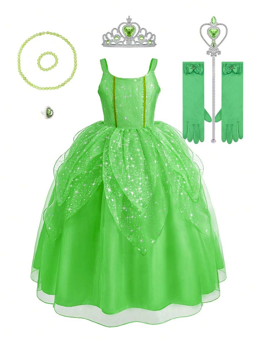 Set de 8 piezas de vestido de tutú sin mangas verde para niñas, conjunto de accesorios de disfraz para niños para fiestas, Halloween, Navidad - Verde - Ver 1