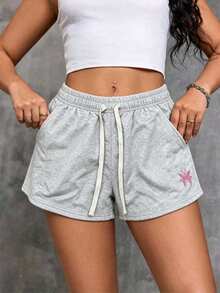Quần short nữ kiểu dáng thường ngày, cạp chun có dây rút, thoải mái và thân thiện với da, quần short Bermuda, họa tiết chó thời trang, phù hợp cho các hoạt động thể thao ngoài trời và mặc thường ngày. - Màu Xám nhạt - Xem 7