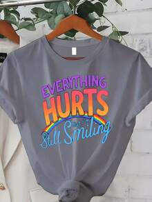 Edición Limitada Talla, [Camiseta con Estampado Trebalena] Camiseta cómoda de corte holgado para mujer con estampado Aunque mi cuerpo duele, aún sonrío Camiseta divertida para mujer - Ropa casual moderna y colorida y regalo% Algodón ligero de manga corta con cuello redondo, top moderno para uso diario,  de verano. - Azul - Ver 11