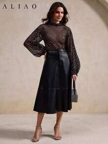 Blusa elegante con mangas de linterna bordada con lentejuelas ALIAO, versátil para ir al trabajo, citas, uso diario, brillante para fiestas de vacaciones - Negro - Ver 7