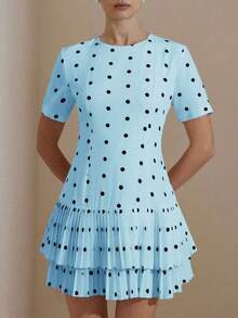 Versatile Casual Dress For Women With Round Neck, Fitted Waist, Short Sleeves, Black And White Polka Dot Print, Layered Ruffle Hem And Matching Silhouette - 灰色 - 查看 5