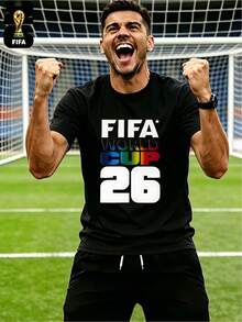 [Official FIFA World Cup Licensed] FIFA 2026 World Cup 23rd Edition Licensed T-Shirt, World Cup Pattern Printed Round-Neck Lightweight Casual Top, Unisex Couple Style Fun Short-Sleeve Summer Outfit, Perfect Birthday Gift For World Cup Parties, Universal Style For Football Fans - màu đen - Xem 1