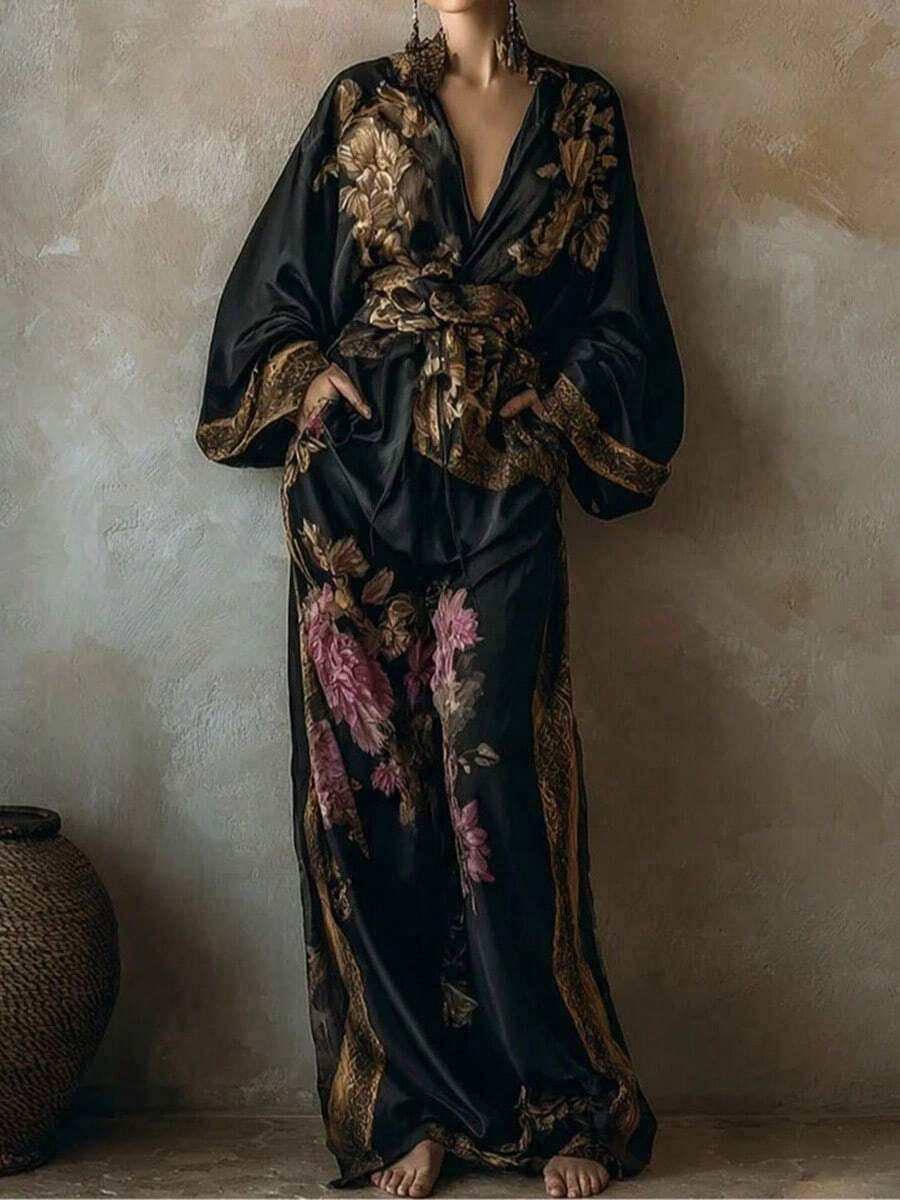 Conjunto de Dos Piezas para Mujer Primavera/Verano 2026: Top con Estampado Vintage, Escote Profundo en V y Lazo, y Pantalones de Pierna Ancha - Negro - Ver 1