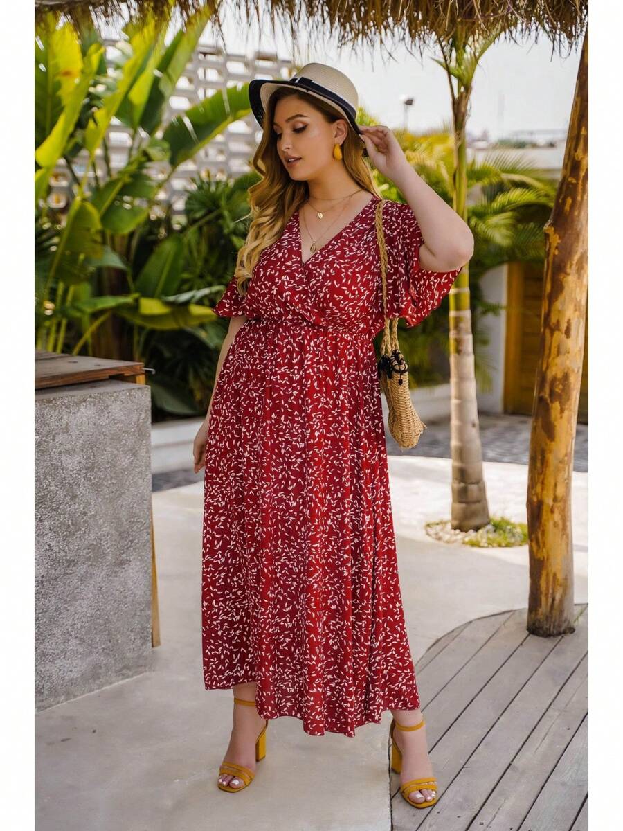 Women's Summer Dress 2023, With V-Neck And High Waist, For Plus Sizes, Loose And Long, Elegant And Slimming, Which Hides Body Imperfections. - 紅色 - 查看 1