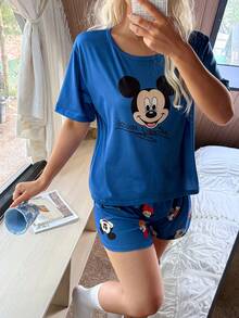 Disney Mickey Mouse Print Short Sleeve Shorts Pajama Set - Multicolor - View 5