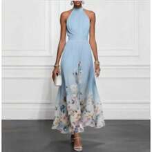 Vestido largo elegante de cuello redondo, sin mangas, con cordón y estampado posicionado - Azul - Ver 7