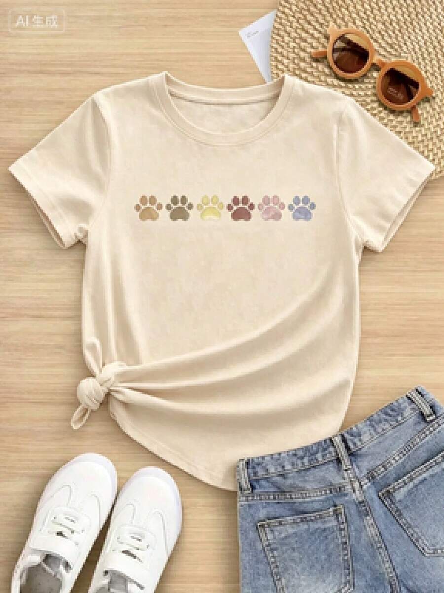 This Casual T-Shirt Features A Simple Print, A Round Neck, And Short Sleeves. The Classic, Basic Design Is Universally Flattering, And The Loose, Relaxed Fit Feels Comfortable And Breathable. The Fine, Soft Texture Is Soft Against The Skin And Breathable, So It Won't Pill Or Lose Its Shape Over Time. The Subtle, Elegant Print Design Is A Must-Have For Summer. This Versatile Piece Pairs Perfectly With All Kinds Of Bottoms-You Can't Go Wrong. - 米色 - 查看 1