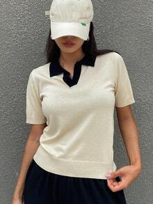 Blusa casual de punto de manga corta con cuello de contraste de color para mujer en verano - Beis 2 - Ver 5