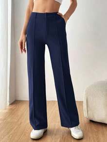 Pantalones de traje azul marino sencillos y casuales para mujer en otoño/invierno - Azul marino - Ver 3