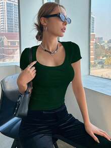 Camiseta casual de verano para mujer de ajuste ceñido con cuello redondo y mangas cortas en unicolor - Verde Oscuro - Ver 5