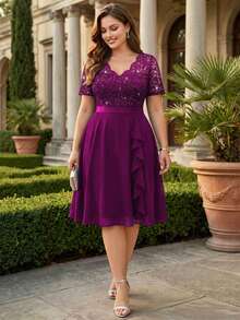 Plus Size Elegant Sequin Lace V-Neck Chiffon Ruffle Trim Evening Party Full Skirt, Wedding Guest Dress, Summer Dress, Suitable For Birthday, Graduation Ceremony, Dinner - Maroon - View 5