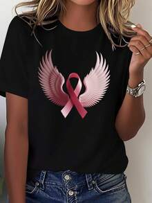 Soft Women's T-Shirt With Pink Bow And Angel Wings Of Hope, Casual Blouse For Women - 黑色 - 查看 1