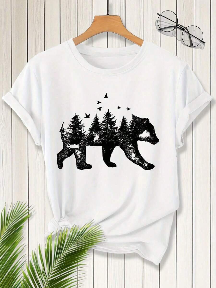 Cool vibe Camiseta elegante de manga corta y cuello redondo para mujer con estampado de doble silueta de árbol, pájaro volando y oso.Aptarrimavera, verano, otoño e invierno.De moda, cómoda, suave y transpirable.Nuevo estilo para desplazamientos, vacaciones, uso diario, versátil, casual y elegante.estilo - Blanco - Ver 1