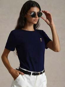 Camiseta Casual Ajustada de Cuello Redondo y Manga Corta para Mujer , Ideal para el Verano - Azul Marino - Ver 2
