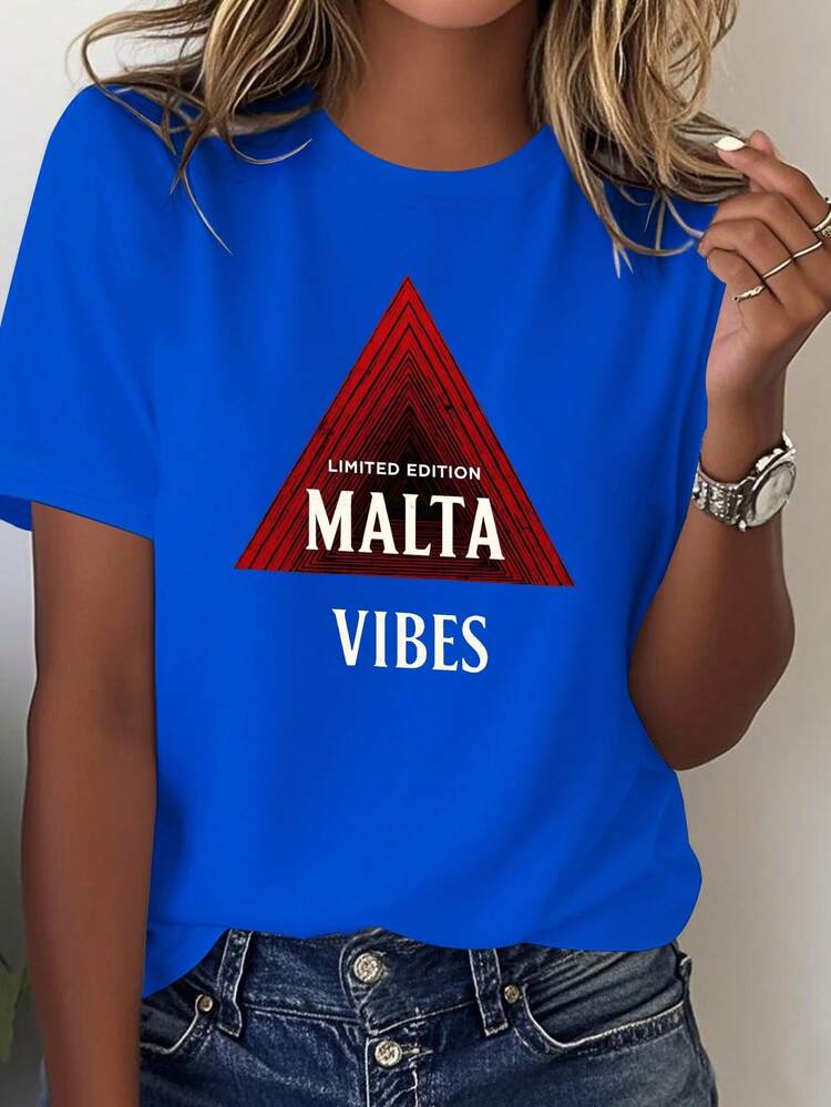 Limited Edition Maltese Style Solid Color Women's T-Shirt - Bright Blue With Red Maltese Triangle Pattern And Bold Lettering, Casual And Comfortable Style, Suitable For All Seasons As A Travel Souvenir, Machine Washable. - 藍色 - 查看 1