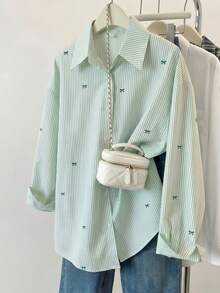 Camisa de mujer con bloques de color a rayas, botones delanteros, uso casual, elegante sin esfuerzo - Verde - Ver 3
