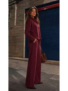 Women's Set In Elegant And Comfortable Ribbed Knit Fabric, Winter Fashion, Chic Blogger Style - 紅木色 - 查看 2