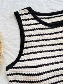 Set de 2 piezas de top tubo y shorts elastizados en la cintura con diseño de jacquard rojo y blanco a rayas para mujer, ideal para vacaciones - Blanco y Negro 2 - Ver 5