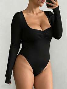imisic Women's Long Sleeve V-Neck Fitted Bodysuit Dress, Flattering Hips And Abdomen, Basic Fitted Bodysuit Top - Black - View 6