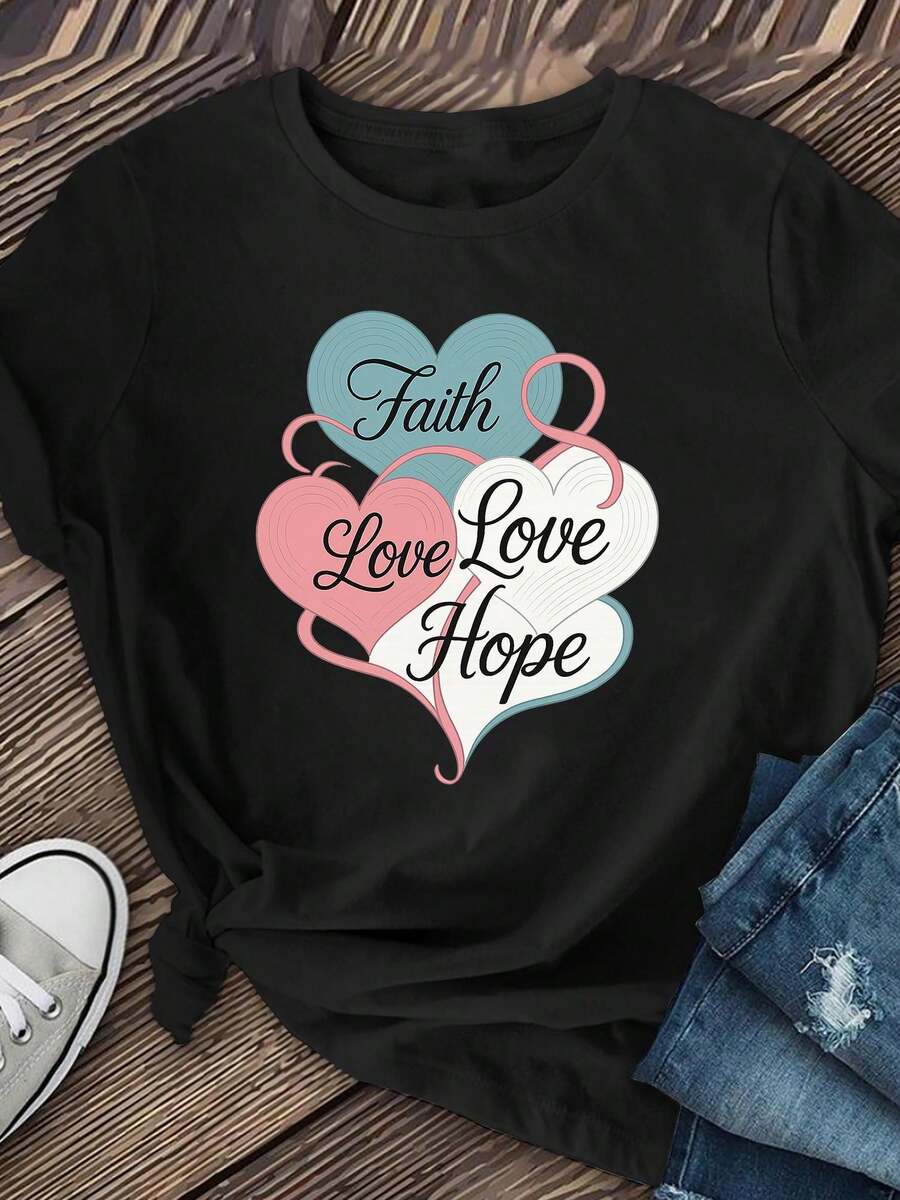 % algodón, 1 pieza, camisa de manga corta para mujer con estampado de corazones, ropa de mujer, ropa de verano para mujer, camiseta casual de manga corta, camiseta de cuello redondo con estampado, adecuada para todas las estaciones, se puede usar como capa base en primavera y otoño o sola en verano, unisex, adecuada para novias, top moderno de algodón de alta calidad. - negro - Ver 1