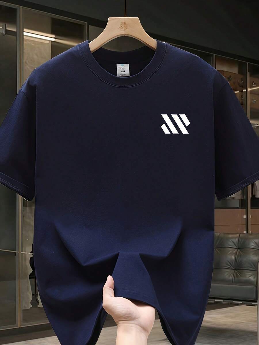 Men's Short-Sleeved T-Shirt, 100% Cotton, Fashion Brand, Casual Summer Style, One Size Fits Most, Relaxed Fit, Versatile Garment Suitable For All Seasons. Can Be Worn As A Base Layer In Spring And Autumn Or On Its Own In Summer. Unisex Style, Perfect For Friends. Fashion Brand T-Shirt, 100% Cotton And Heavyweight. - 藏青色 - 查看 1