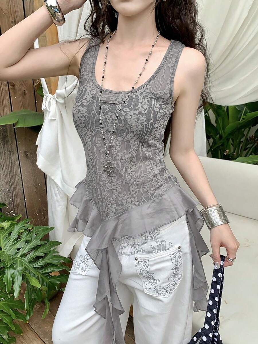 Vintage Lace Trim Asymmetrical Strap Backless Fitted Camisole Top Casual Summer - Grey - View 1