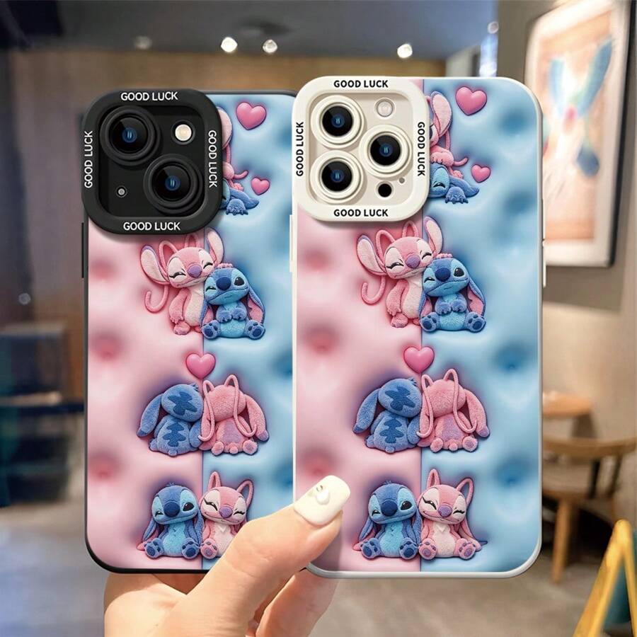Officially Licensed Disney Lilo & Stitch Phone Case, This Protective Phone Case Features Multiple Cute Plush‑Style Stitch And Angel Couple Figures With Sweet Poses, Decorated With Pink Heart Accents, Set Against Split Pink‑Blue Bubble‑Textured Embossed Background, Made With Flexible, Durable TPU Material To Protect Against Everyday Scratches, Bumps, And Minor Impacts, Compatible With IPhone 17, 16, 15, 14, 13, 12, 11 Pro Series And Galaxy S22, S23, S24, S25 Models, Ideal For Disney Stitch Fans. - màu đen - Xem 1